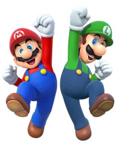 two mario and luigi are jumping in the air with their arms up to each other