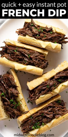 french dip sandwiches on a white plate with text overlay