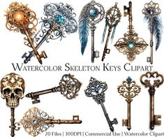 an assortment of skeleton keys clipart with different styles and colors, including the key to each