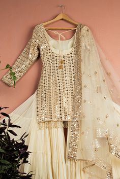 Ivory Reflection Kurta Sharara Set Sharara Designs Simple, Sharara Designs For Wedding, Abla Work, Sharara Outfits, White Sharara, Pakistani Sharara, Short Kurti Designs, Muslim Wedding Gown, Sharara Designs