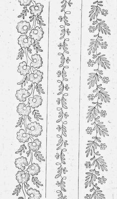 three different types of embroidery designs on white paper, each with flowers and leaves in the middle