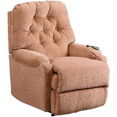 a brown recliner chair with a remote control on it's arm and footrests