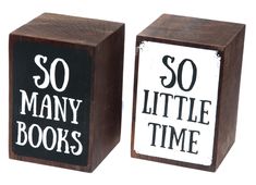 two wooden blocks that say so many books and so many times with black letters on them