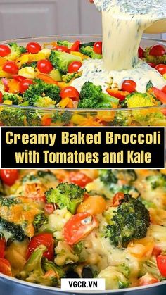 a casserole dish with broccoli, tomatoes and kale in it