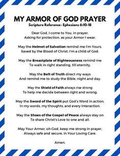 a blue and white striped paper with the words, my armor of god prayer