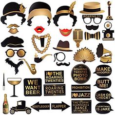 a bunch of different items that are on a white background, including hats and glasses