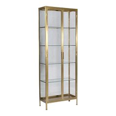 a glass display case with gold trimmings and two shelves on each side, in front of a white background