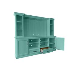 a green cabinet with drawers and shelves