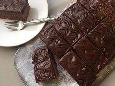 there is a piece of chocolate cake next to a plate with a fork on it