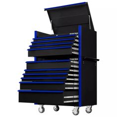 a black and blue tool cabinet with many drawers on it's wheels is shown in front of a white background