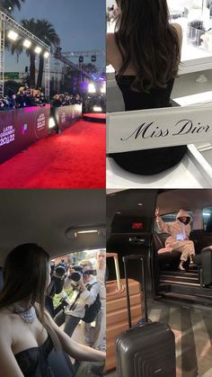 a collage of photos with people and suitcases on the red carpet at an event