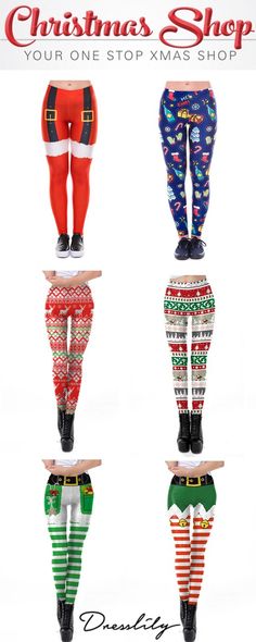 four christmas leggings with santa's stockings on them and the words, christmas shop