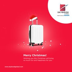 a white suitcase with a red santa hat on top and merry christmas wish you this christmas will bring so much fun and happiness for you