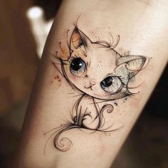 a cat tattoo on the leg with blue eyes and an orange flower in its hair