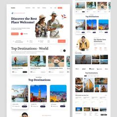 two screens showing the different types of travel website pages, one with an image of people and