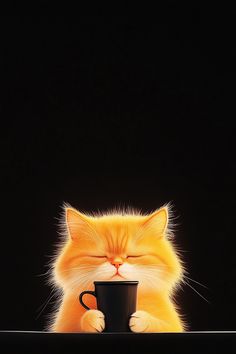 an orange cat with its eyes closed holding a coffee cup