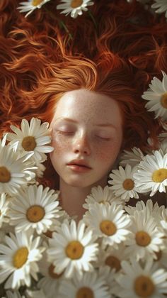 a girl with red hair is surrounded by white daisies