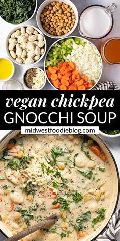 the ingredients for this vegan chickpea gnocchi soup are in bowls