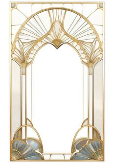 an art deco style gold and blue arch with shells on the sides, in front of a white background