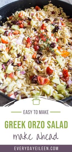 greek orzo salad in a skillet with text overlay