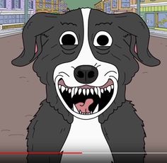 a cartoon dog with its mouth open and it's teeth wide open in front of the camera