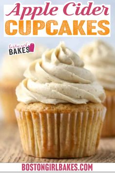 an image of apple cider cupcakes with frosting on top and text overlay