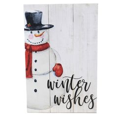 a wooden sign with a snowman wearing a top hat and mittens on it