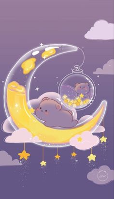 two teddy bears are sleeping on the moon with stars and clouds in the night sky