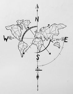 a black and white drawing of a world map with arrows pointing in different directions on it