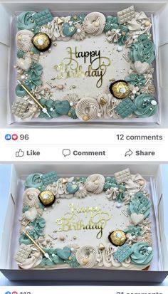 two pictures of a birthday cake in a box with the words happy birthday written on it