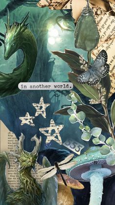 an altered collage of animals and plants with words written on them that read, i'm another world