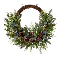 a wreath with pine cones and evergreen leaves