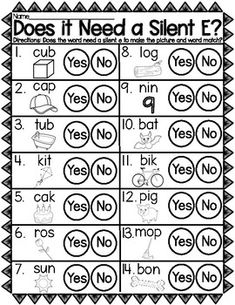 a printable worksheet with the words does it need a silent e?