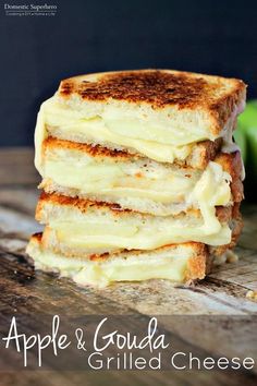 four grilled cheese sandwiches stacked on top of each other with the words apple and gouda