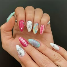 Funky August Nails, Funky Summer Nails, College Nails, Colorful Y2k, Nails Gel Nails, Custom Press On Nails, Cute Simple Nails, Summery Nails, Hard Gel