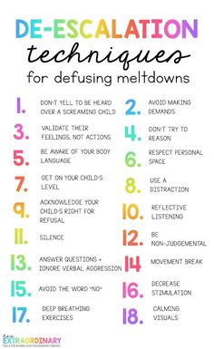 a poster with the words de - escalation techniques for defusing meltdowns