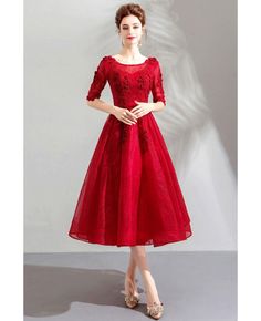 Buy Burgundy Red Lace Tea Length Party Dress With Half Sleeves at wholesale price online. Free shipping and pro custom service since 2009. Red A-line Dress For Banquet, Red A-line Summer Evening Dress, Red Knee-length Evening Dress For Prom Season, Red Knee-length Evening Dress For Prom, Red A-line Midi Dress For Banquet, Red Tea Length Dress For Formal Occasions, Red Tea-length Dress For Formal Occasions, Red Tea Length Formal Dress, Fitted Red Dress For Banquet