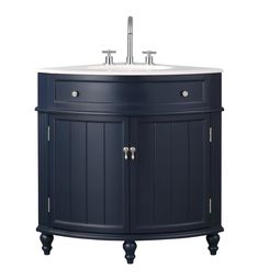 an image of a bathroom sink with dark blue cabinet and white counter top on the side