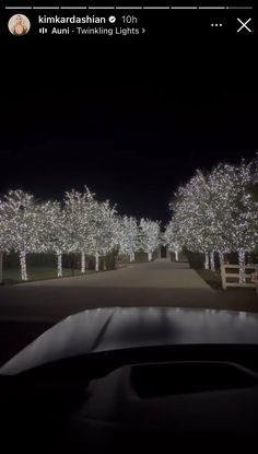 a car driving down a street at night with christmas lights on trees in the background