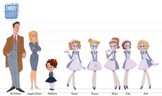 an animation character is standing in front of many other characters, including a man and woman