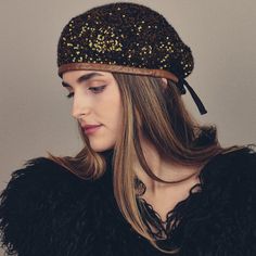 Cashmere beret with gold sequins, soft leather border, and adjustable inner ribbon. Made in Italy. 70% Cashmere, 30% Silk, Pailletes, 100% Lamb leather Store in the provided hat care silk bag Professional dry clean only Leather Store, Silk Bag, Stocking Fillers For Her, Forever Jewelry, Jewelry Ring Box, Gold Sequins, Mens Jewelry Bracelet, Watch Necklace, Gifts For Mum