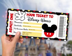 Disney World Gift Ticket - Canva Template - Gift Ticket - Mama Life Printables Disney Ticket Gift Ideas, Disney On Ice Ticket Gift Ideas, Disney Tickets Surprise Gift, Disney World Tickets Printable Free, Disney Surprise Ticket, Surprise Disney Trip Reveal, Disneyland Tickets Printable Free, Disney World Gifts, Disney Ticket