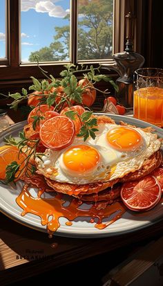 a plate with oranges and eggs on it