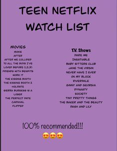 a purple poster with the words'teen netflix watch list'in black and white