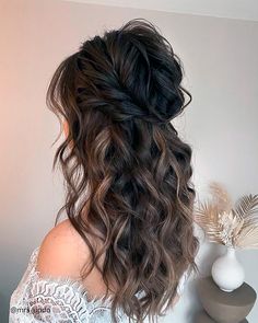 Half Up Half Down Wedding Hairstyles: Top Looks   Expert Tips Bridal Hairstyles For Dark Hair, Half Up Bride Hair With Veil, Long Brown Bridal Hair, Boho Wedding Hair Dark Brown, Bohemian Half Up Half Down, Brunette Bridesmaid Hairstyles, Headshot Hairstyles, Half Up Half Down Wedding Hair Brunette, Curled Formal Hair