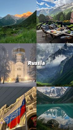 the collage shows different scenes from around the world, including mountains and buildings with flags on them