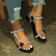 Women Large Size Rhinestone Magic Tape Sandals – Inspireyoos Sequin Shoes, Nice Sandals, Rhinestone Flats, Bling Shoes, Rhinestone Shoes, Rhinestone Sandals, Crystal Shoes, Open Toe Shoes, Cute Sandals