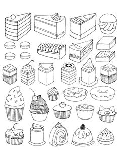 a bunch of different types of cakes and cupcakes on a white paper background