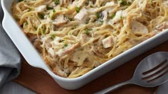 a casserole dish with chicken and noodles