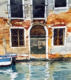 a watercolor painting of a boat in front of a building with two doors and windows